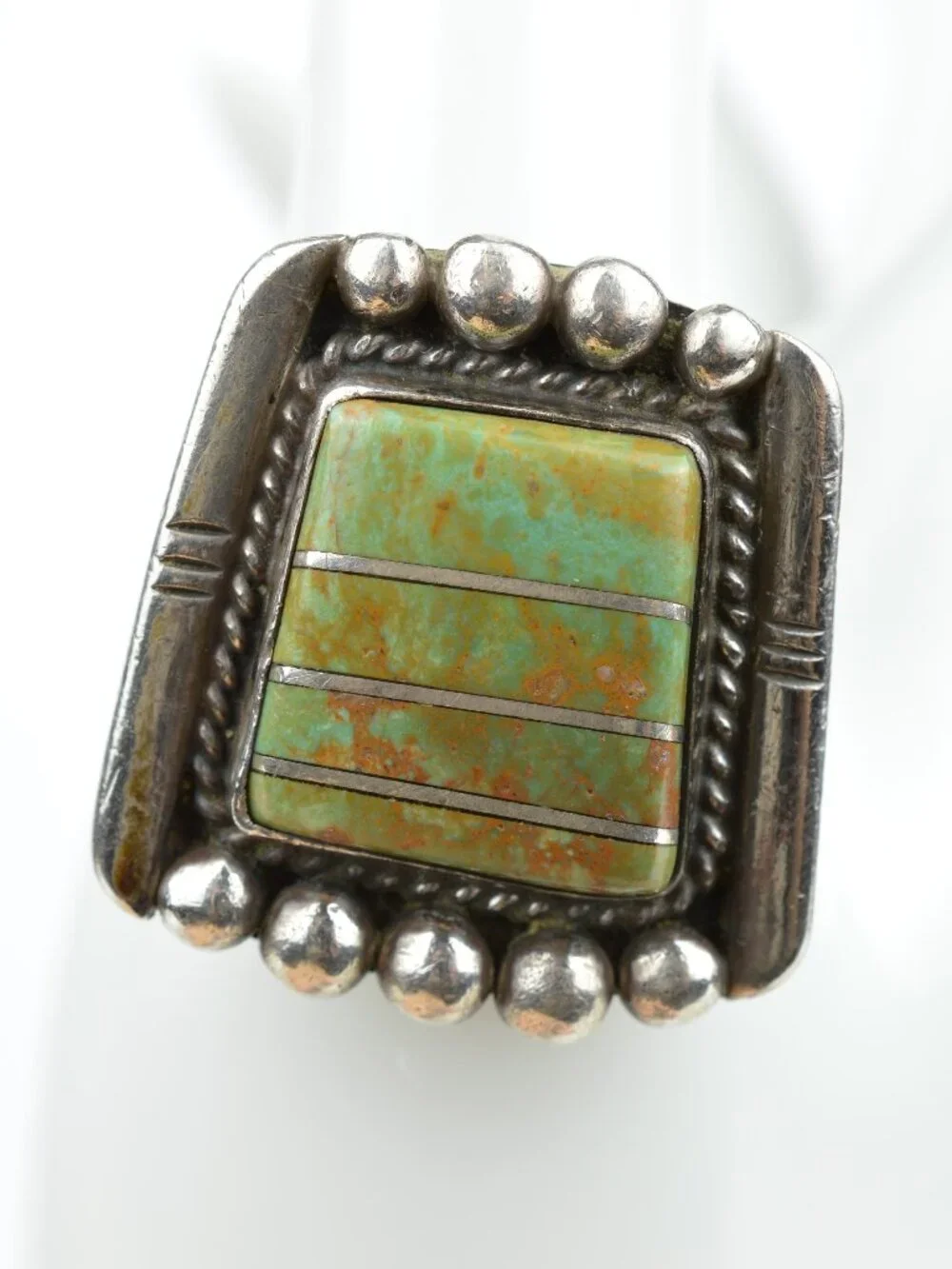 Vintage Navajo Sterling Silver Gaspeite Channel Inlay Ring Sz 14.25 Heavy 19.5g